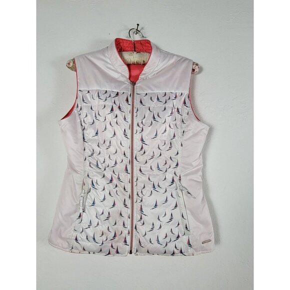 Saint James Women Full Zip Lightweight Reversible Vest Size 6 Red White Sailboat - Picture 1 of 8